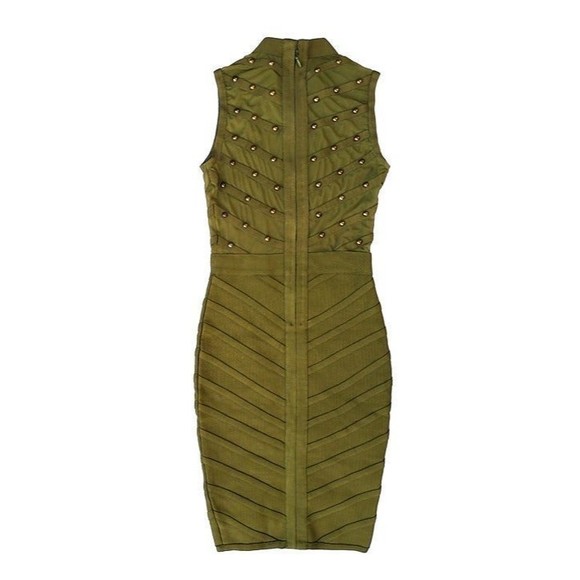 Olive Green Sleeveless Halter Mesh Ribbed Bodycon Bronze Studded Dress Sz Small - Picture 5 of 7